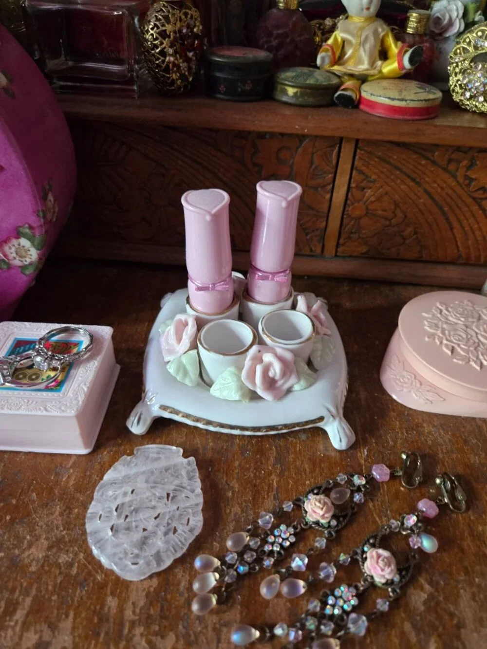 Vintage Porcelain White and Pink Rose Lipstick Holder Romantic Cottagecore